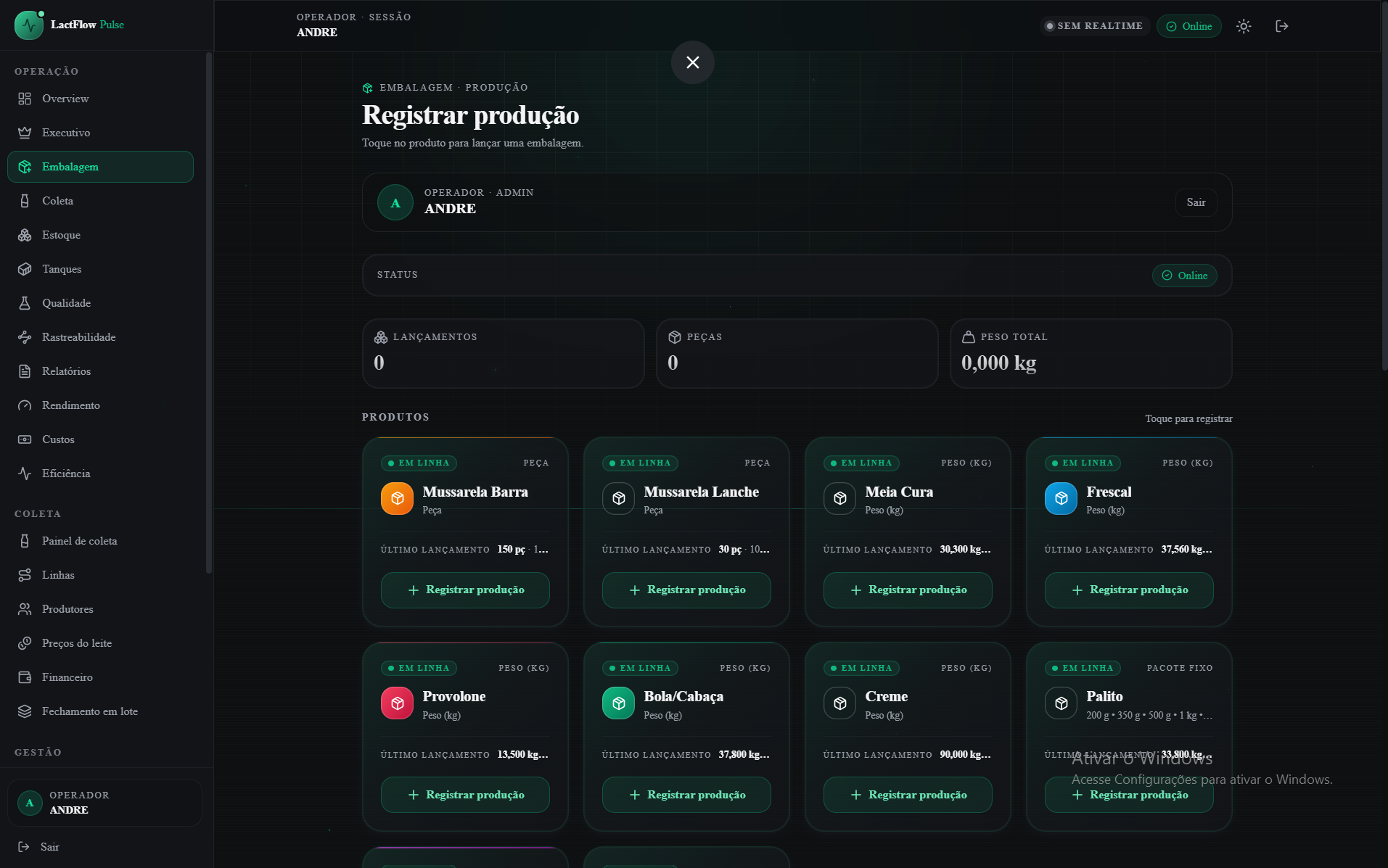 Tela de Embalagem do LactFlow Pulse com produtos e botões de registrar produção