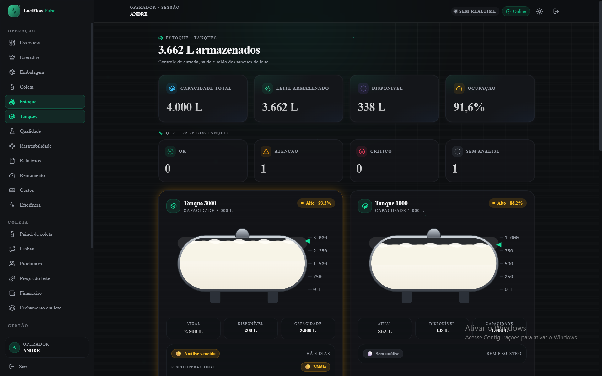 Tela de Tanques do LactFlow Pulse mostrando capacidade, ocupação e qualidade